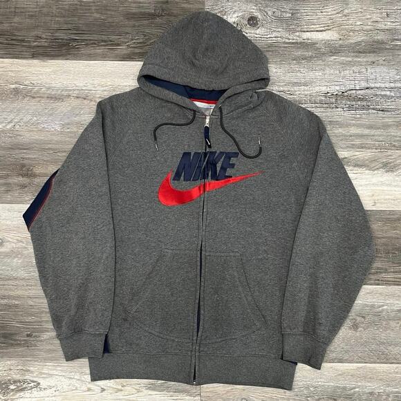 Vintage Y2K Nike Heather Gray Mens L Big Center Swoosh Spellout Zip Up Hoodie - Picture 1 of 10